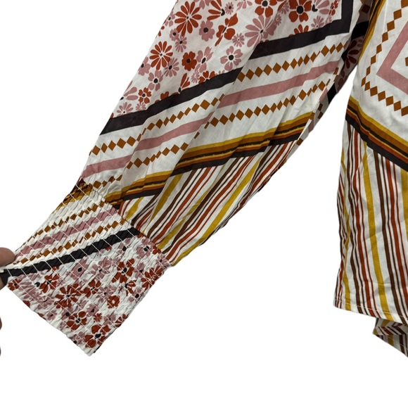 Cato Bohemian Mixed Print Button Up Blouse Shirred Cuffs Size XL - Picture 3 of 8